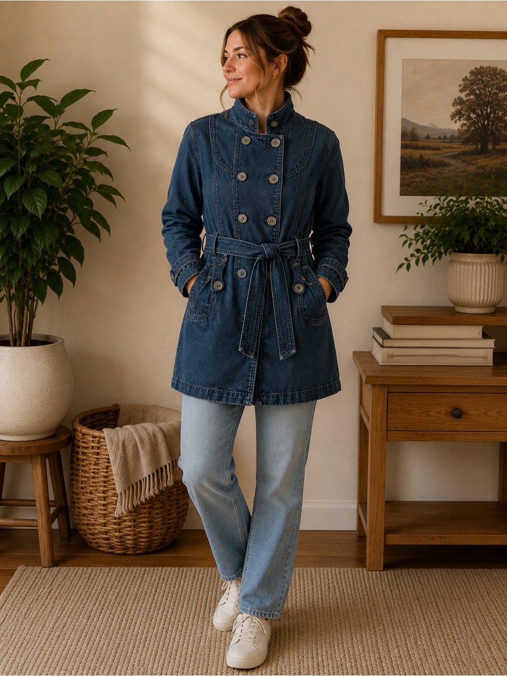 OVS Young Denim Trench Coat Belted Size M Blue Double Breasted Vintage Y2K